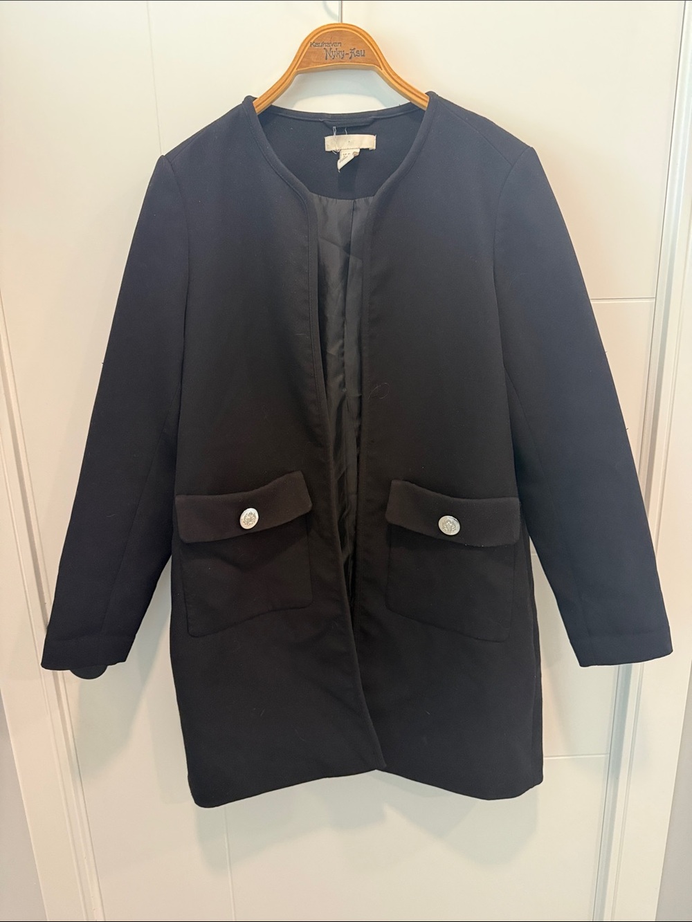 H&M Black Collarless Pea Coat with Decorative Pocket Flaps